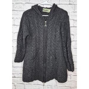 Aran Crafts Womens Small 100% Merino Wool Full Zip Sweater Gray Hooded Ireland.